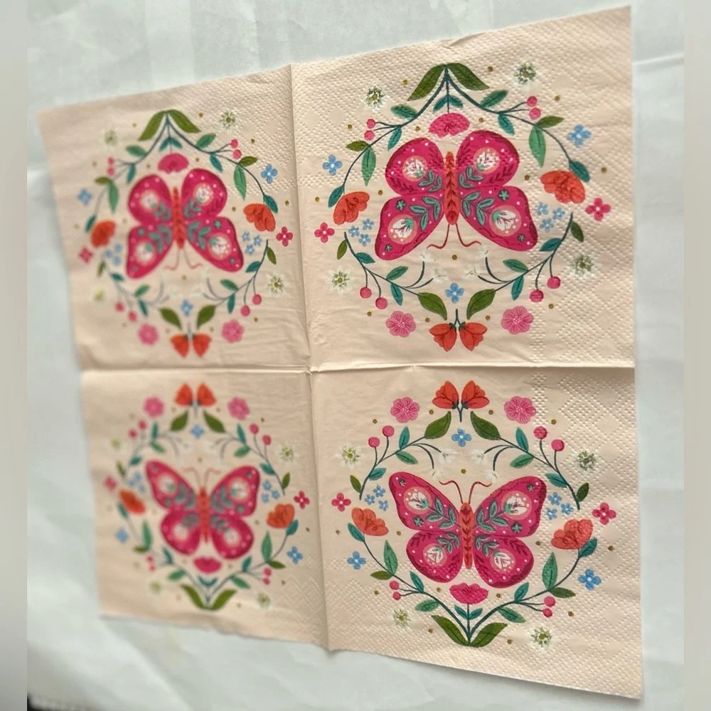 New 40 Pink Paper Beverage Napkins Clementine Butterflies Flowers Leaves